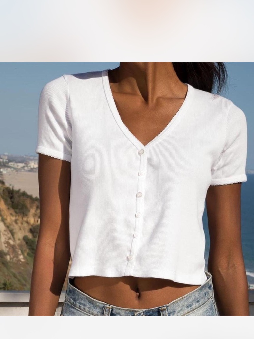 Brandy Melville White Ribbed V-Neck Button Front Crop Top
